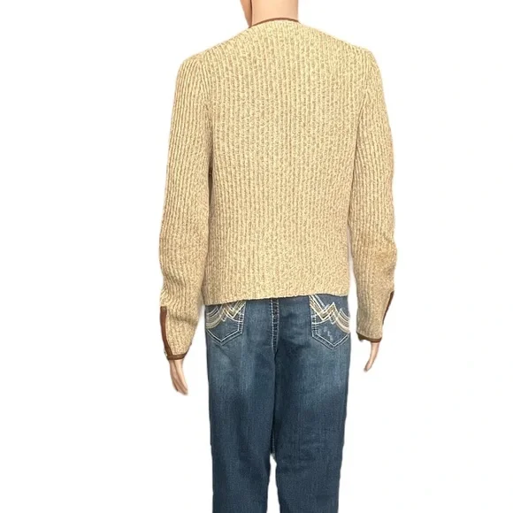 NWOT Lucky Brand Open Faux Leather Edged Sweater, Browns |M - Picture 10 of 15